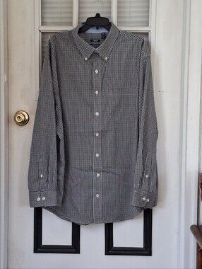 IZOD Men's 2XL Black White Gingham Check Button Down Non-Iron Stretch Shirt 2X